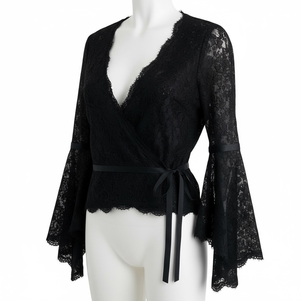 Rare Vintage Diane von Furstenberg Black Lace Wrap Top Bell Sleeves Holiday 4 - Picture 4 of 10
